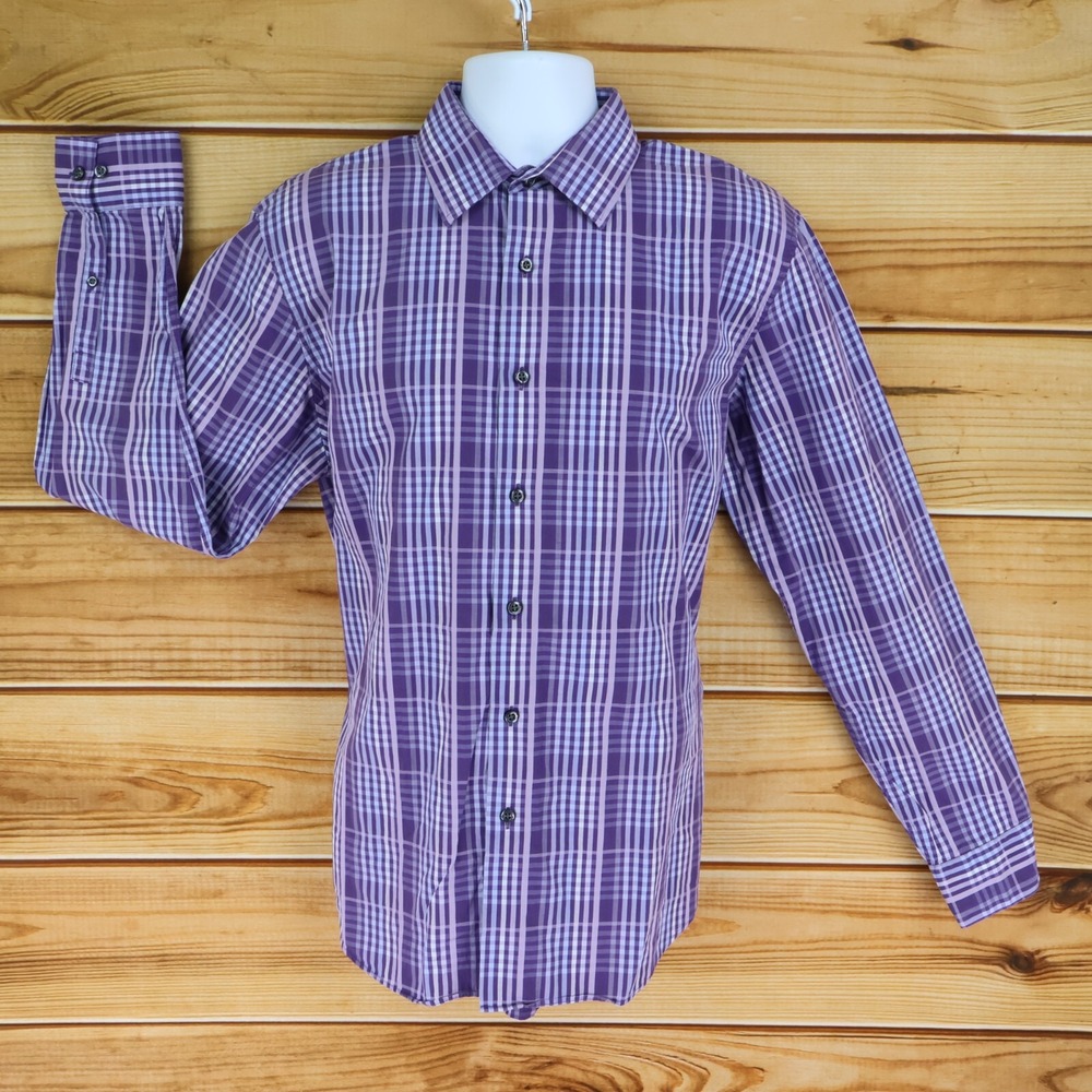 Apt. 9 Dress Shirt Mens Size 16.5x34/35 L Purple Plaid 100% Cotton Point Collar